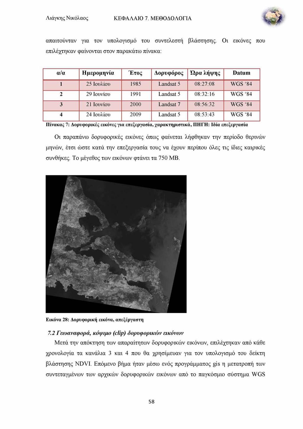 Λιάγκη ς Νικόλαος ΚΕΦΑΛΑΙΟ 7. ΜΕΘΟΔΟΛΟΓΙΑ απαιτούνταν για τον υπολογισμό του συντελεστή βλάστησης.