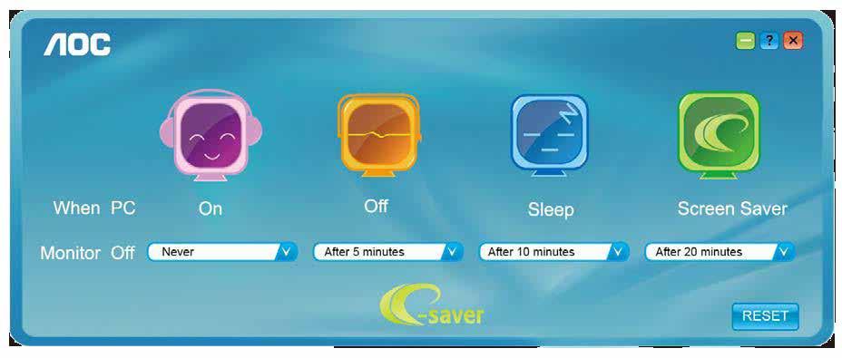 e-saver Καλωσορίσατε στη χρήση του λογισμικού διαχείρισης ενέργειας της οθόνης e-saver της AOC!