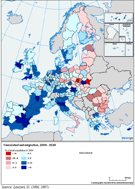 Forecast of cumulated net migration 2004-2020 (% share of total population) Πηγή: Barca (2009) An agenda for a reformed cohesion policy: A place-based approach to meeting