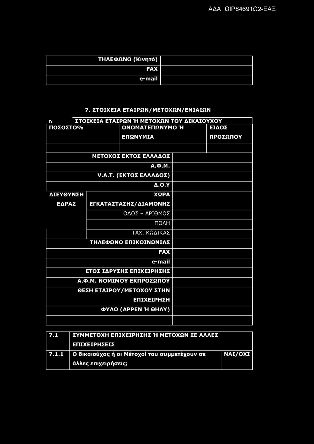 ΚΩΔΙΚΑΣ ΤΗΛΕΦ ΩΝΟ ΕΠΙΚΟΙΝΩ ΝΙΑΣ FAX e-mail ΕΤΟΣ ΙΔΡΥΣΗ Σ ΕΠΙΧΕΙΡΗΣΗΣ Α.Φ.Μ.