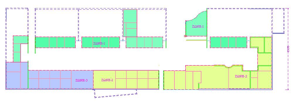 Εικόνα 48: Διαχωρισμός του κτιρίου σε ζώνες 1ος όροφος Στον πίνακα που ακολουθεί γίνεται η αντιστοίχιση των ζωνών με τους χώρους δραστηριότητας.