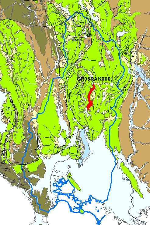 Σχ. 8-2: Απεικόνιση της Ζώνης Δυνητικά Υψηλού Κινδύνου Πλημμύρας (ΖΔΥΚΠ) GR05RΑK0001 του μέσου ρου του ποταμού Λούρου επί του ψηφιοποιημένου υδρολιθολογικού χάρτη του Υ.Δ. Ηπείρου (ΥΠΑΝ., 2008).