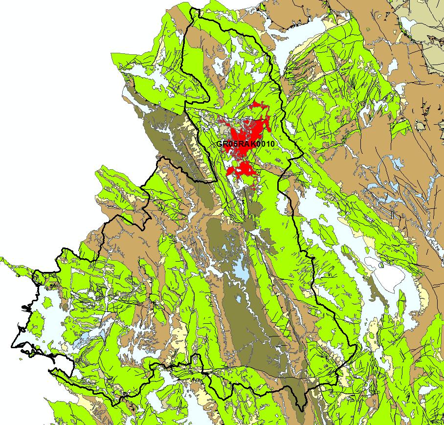 Σχ. 5-5: Απεικόνιση της Ζώνης Δυνητικά Υψηλού Κινδύνου Πλημμύρας (ΖΔΥΚΠ) GR05RΑK0010 της Χαμηλής Περιοχής Άνω Ρου ποταμού Καλαμά στην περιοχή Δολιανά επί του ψηφιοποιημένου υδρολιθολογικού χάρτη του