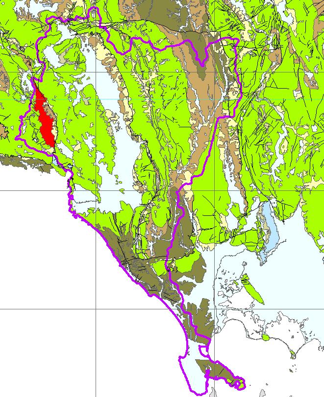 Σχ. 6-3: Απεικόνιση της κλειστής λεκάνης Μαργαριτίου (κόκκινο χρώμα) επί του ψηφιοποιημένου υδρολιθολογικού χάρτη του Υ.Δ. Ηπείρου (ΥΠΑΝ., 2008).