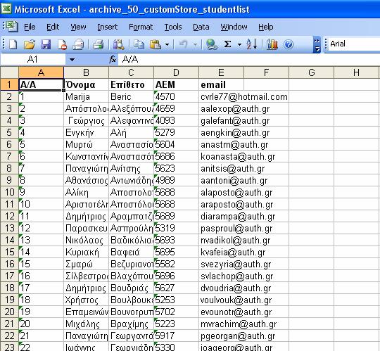 Εισαγωγή Δεδομένων από αρχείο Excel Το αρχείο Excel που περιέχει μόνο τους φοιτητές πρέπει να έχει την συγκεκριμένη μορφή που φαίνεται στην Εικόνα 7.2.