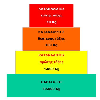 Πυραμίδα βιομάζας o Σε γενικές γραμμές, η ίδια πτωτική τάση (της τάξης του 90%) που παρουσιάζεται στις τροφικές πυραμίδες ενέργειας εμφανίζεται και στις τροφικές πυραμίδες βιομάζας.