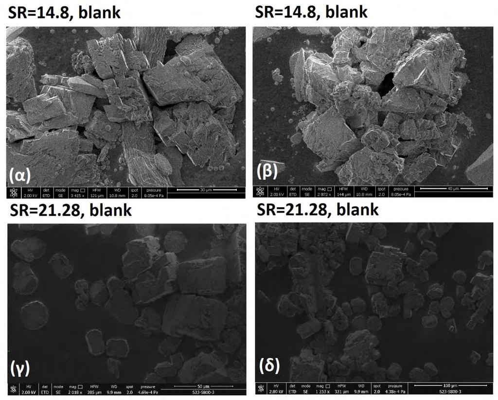 Στην Εικόνα 6.17 παρουσιάζονται τα αποτελέσματα SEM για τα πειράματα που πραγματοποιήθηκαν απουσία οργανικής φάσης, για SR initial =14.8 ((α) και (β)) και SR initial =21.28 ((γ) και (δ)).