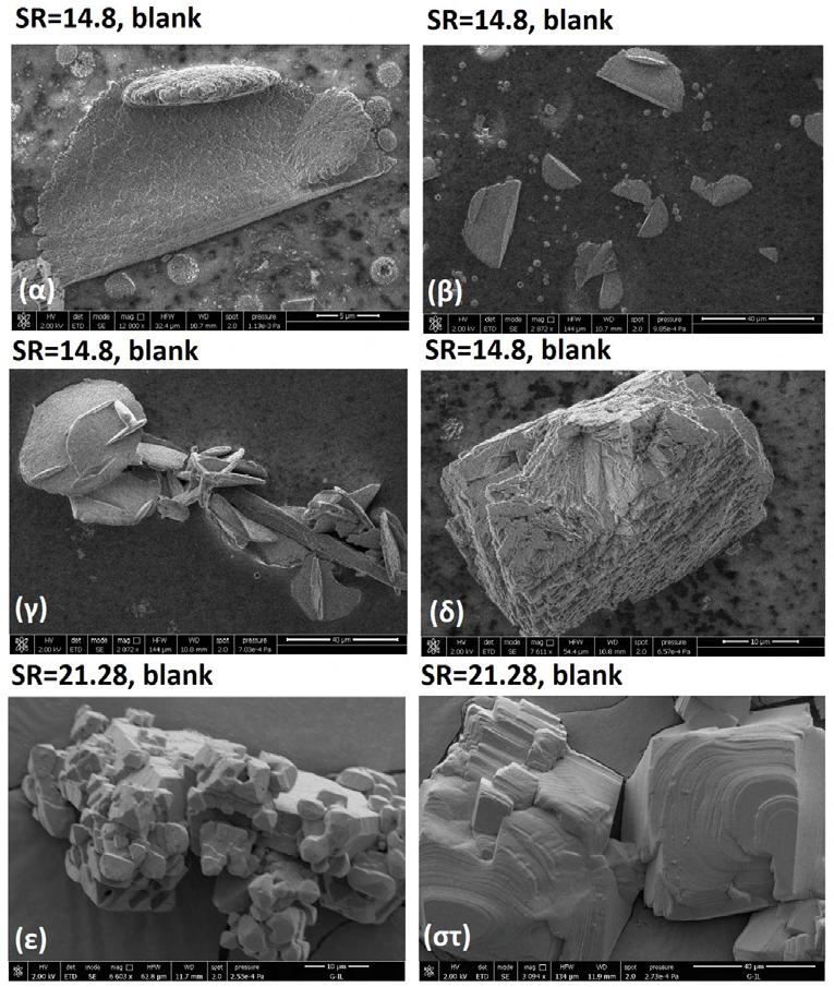 Τέλος, στην Εικόνα 6.18 παρουσιάζονται φωτογραφίες SEM για τα πειράματα που πραγματοποιήθηκαν απουσία οργανικής φάσης, για SR initial =14.8 (α, β, γ, δ) και SR initial =21.