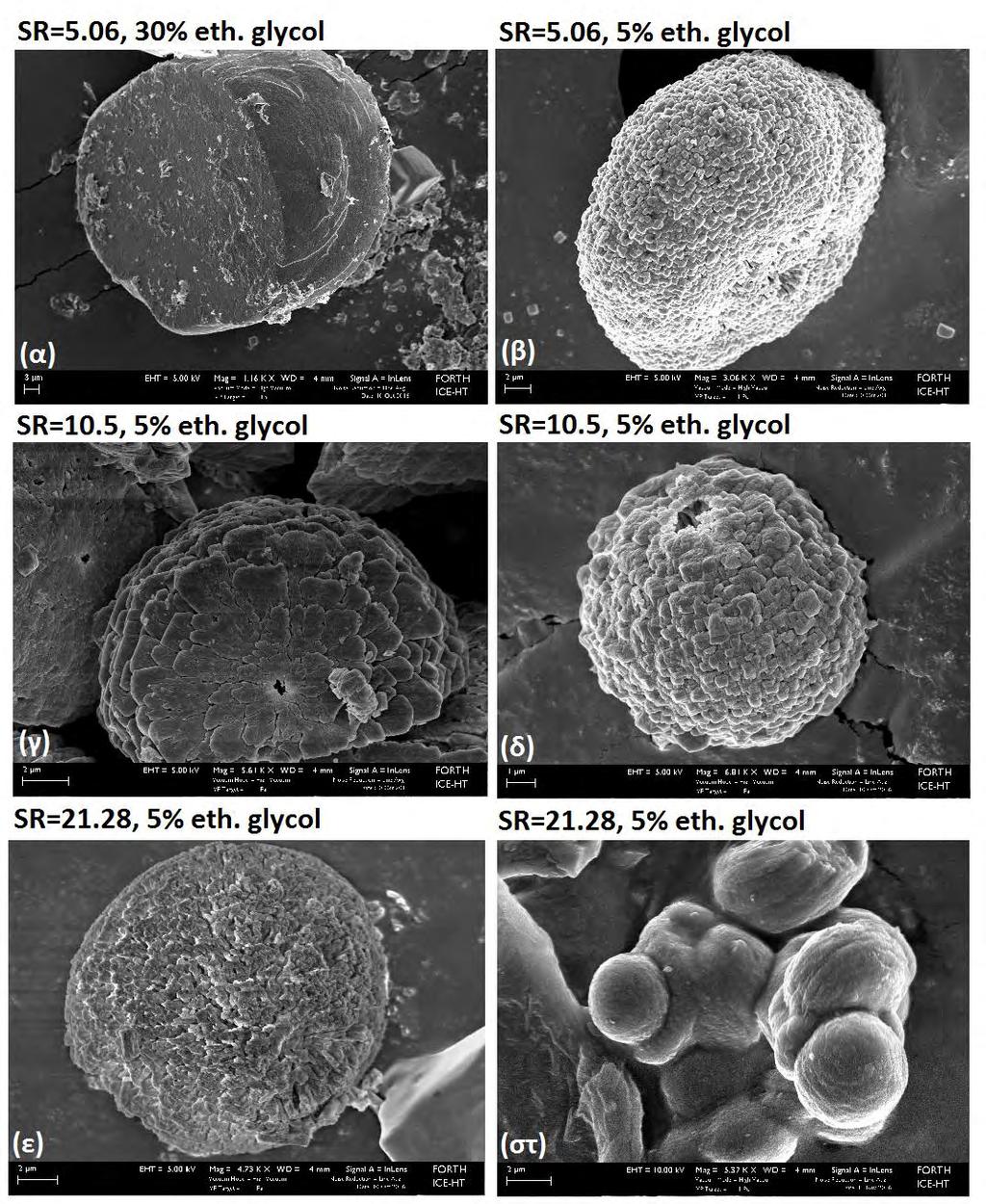 Εικόνα 6.48: Φωτογραφίες SEM για βατερίτη για (α) SR initial =5.06 και 30% v/v αιθυλενογλυκόλη, (β) SR initial =5.