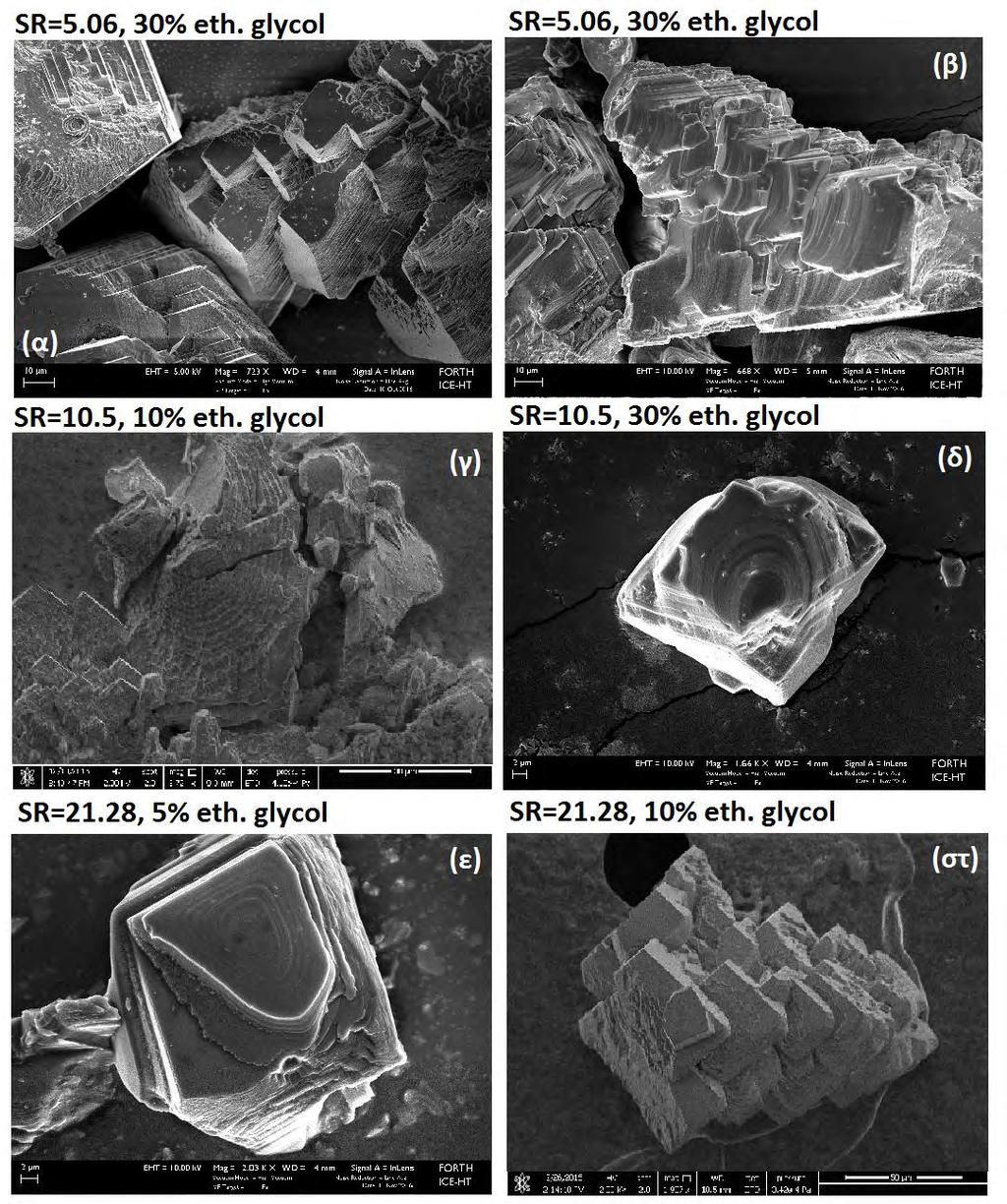 Εικόνα 6.51: Φωτογραφίες SEM για στρωματική ανάπτυξη για (α), (β) SR initial =5.06 και 30% v/v αιθυλενογλυκόλη, (γ) SR initial =10.