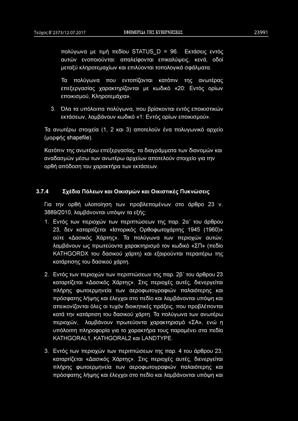 Τεύχος Β' 2373/12.07.2017 ΕΦΗΜΕΡΙΔΑ ΤΗΣ ΚΥΒΕΡΝΗΣΕΩΣ 2 3 9 9 1 πολύγωνα με τιμή πεδίου STATUS_D = 96.