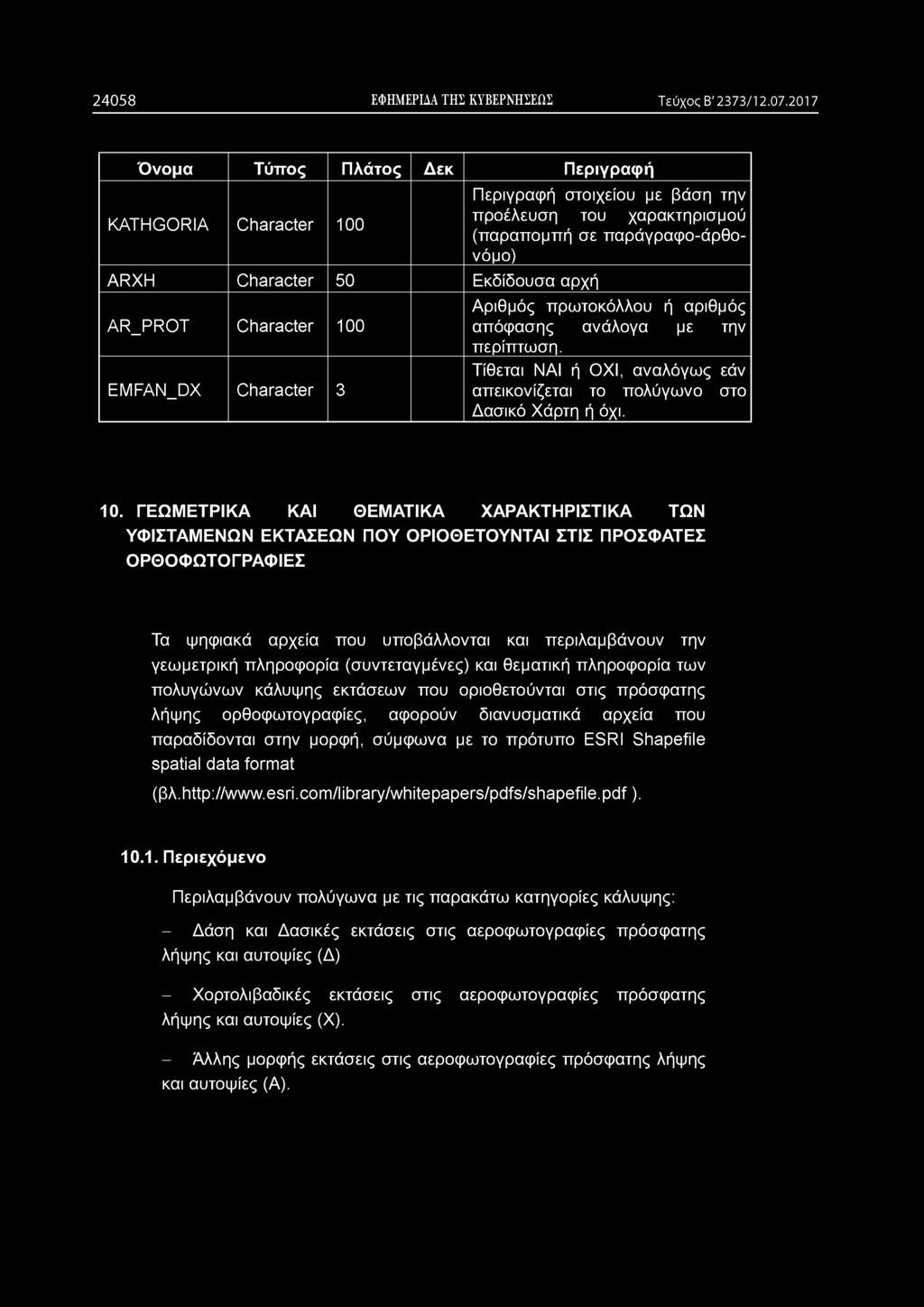(παραπομπή σε παράγραφο-άρθονόμο) Αριθμός πρωτοκόλλου ή αριθμός απόφασης ανάλογα με την περίπτωση. Τίθεται ΝΑΙ ή ΟΧΙ, αναλόγως εάν απεικονίζεται το πολύγωνο στο Δασικό Χάρτη ή όχι. 10.