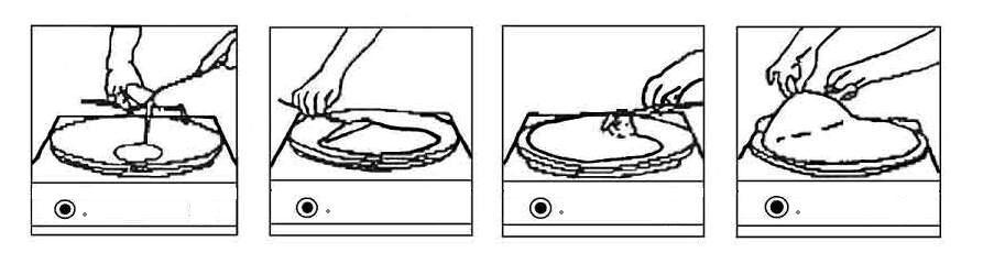 5.3 Χρήση Πριν από την πρώτη χρήση του παρασκευαστή κρέπας πρέπει να καθαρίσετε την πλάκα ψησίµου κρεπών µε µια πατσαβούρα ποτισµένη µε λάδι προκειµένου να αφαιρέσετε τα υπόλοιπα του βιοµηχανικού