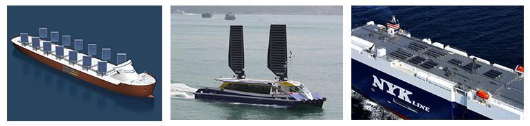 Εικόνα 44: Υβριδικά συστήματα με σταθερά πανιά και φωτοβολταϊκά. Από αριστερά προς τα δεξιά. 1) Aquarius MRE της Eco Marine Power, 2) Solar Sailor της OCIUS Technology, 3) Auriga Leader της NYK 5.