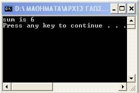 + c; printf( sum is %d,sum); system("pause"); return 0; } εκτέλεση printf( sum