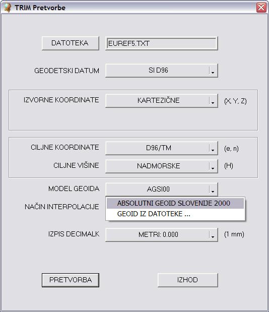 Preostali trije gumbi imajo že izbrane priporočene nastavitve, ki bi jih lahko seveda tudi spreminjali. Privzet model geoida je ABSOLUTNI GEOID SLO- VENIJE 000 po izboru je na gumbu krajšava AGSI00.