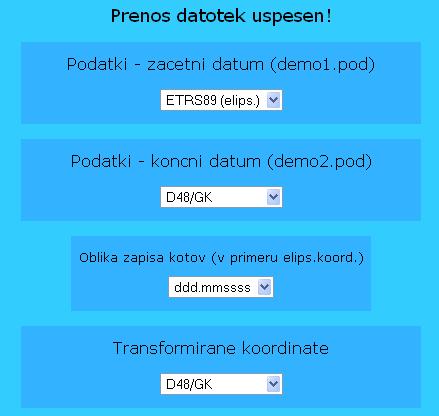 V nasprotnem se odpre nova stran, kjer izbiramo tipe koordinat in nastavitve za izračun transformacije.