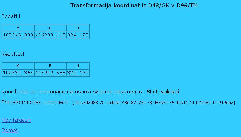 Slika 11: Rezultat transformacije D48 -> D96 Kadar želimo transformirati več točk, jih lahko zapišemo v datoteko. V vrstici mora biti v prvem stolpcu oznaka točke, nato x, y, H.