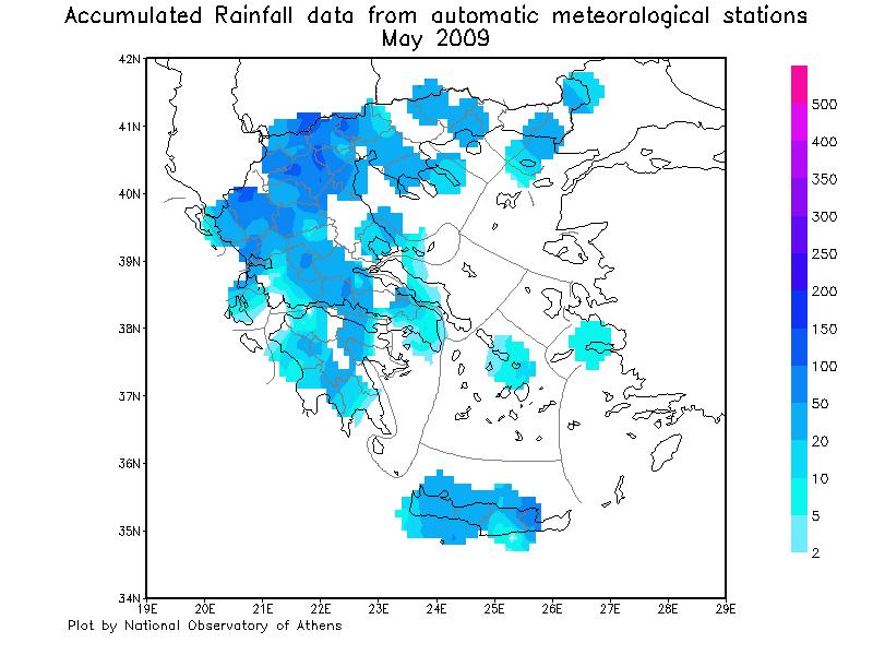 ΕΛΛΑ Α: ΧΑΡΤΗΣ ΒΡΟΧΟΠΤΩΣΕΩΝ ΜΑΪΟΥ 2009 (ΑΥΤΟΜΑΤΟΙ ΣΤΑΘΜΟΙ ΙΚΤΥΟΥ ΕΑΑ) Οι τιµές βροχής είναι σε χιλιοστά και είναι αθροιστικές για ολόκληρο τον µήνα.