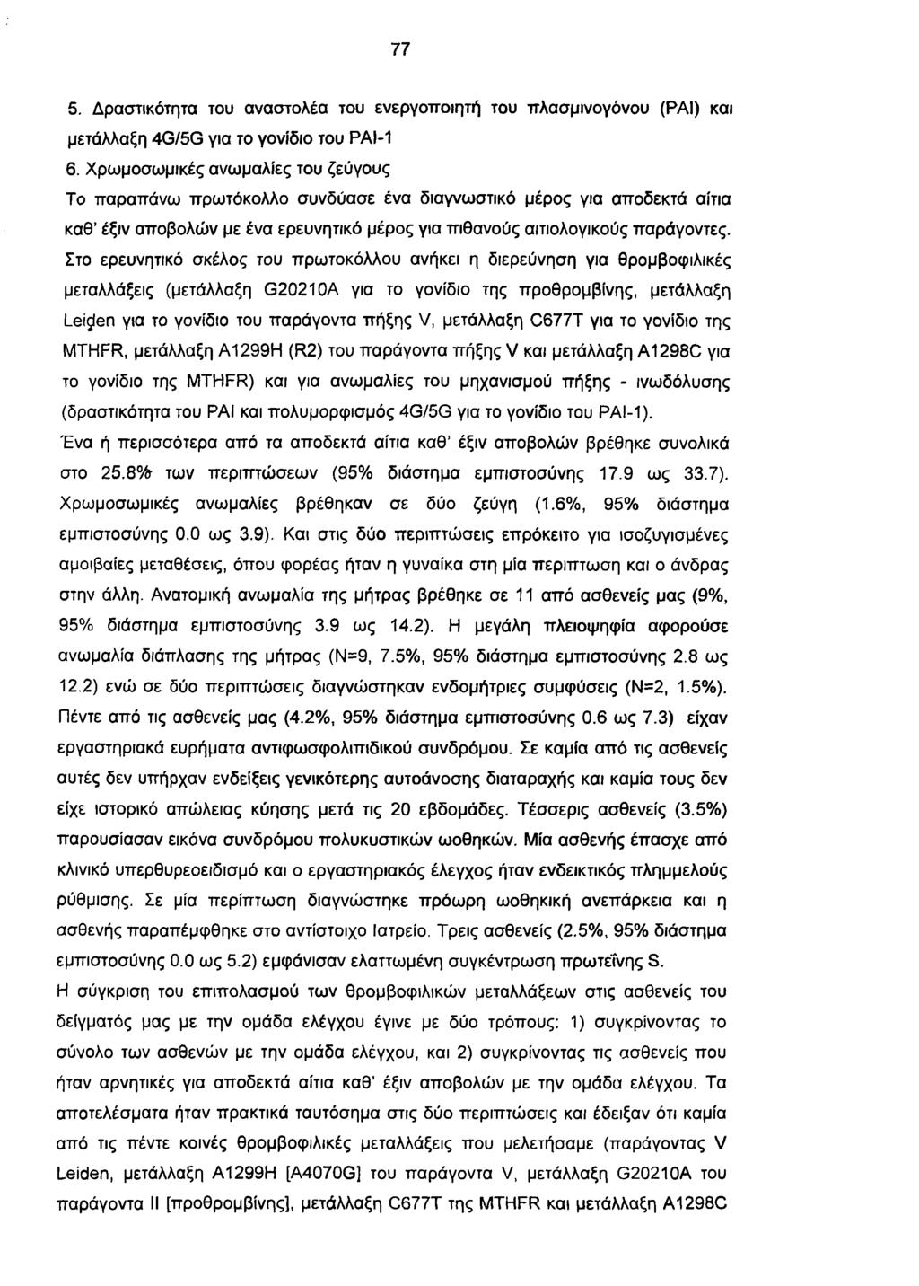 77 5. Δραστικότητα του αναστολέα του ενεργοποιητή του πλασμινογόνου (ΡΑΙ) και μετάλλαξη 4G/5G για το γονίδιο του ΡΑΙ-1 6.