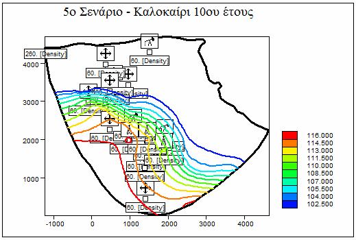 Προσδιορισµός της ζώνης υφαλµύρωσης Χερσονήσου µε τη χρήση του µοντέλουptc Σχήµα 7.19 Προσοµοίωση της µελλοντικής κατάστασης µετά το τέλος της θερινής περιόδου του δέκατου έτους.