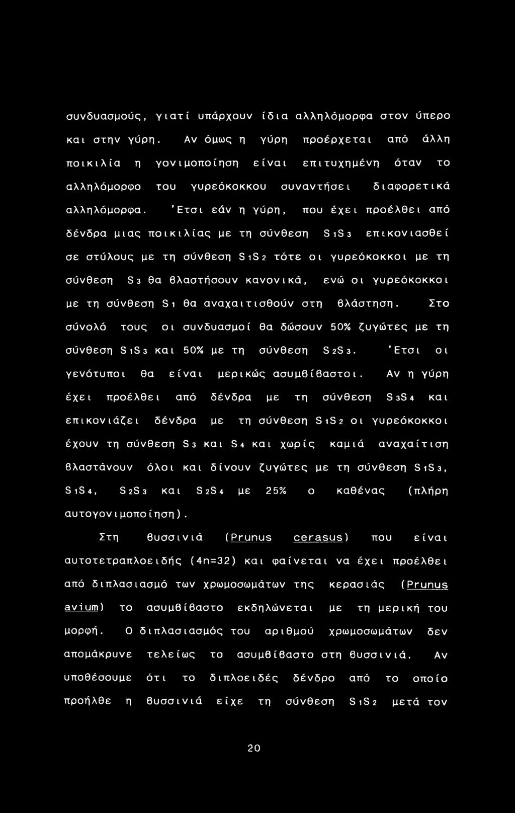 Έτσι εάν η γύρη, που έχει προέλθει από δένδρα μιας ποικιλίας με τη σύνθεση S1S3 επικονιασθεί σε στύλους με τη σύνθεση S1S2 τότε οι γυρεόκοκκοι με τη σύνθεση S3 θα βλαστήσουν κανονικά, ενώ οι