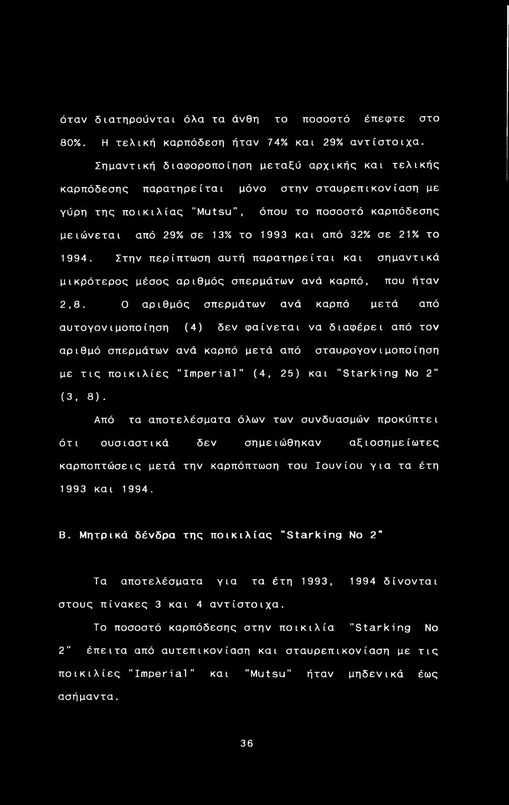 από 32% σε 21% το 1994. Στην περίπτωση αυτή παρατηρεί ται και σημαντικά μικρότερος μέσος αριθμός σπερμάτων ανά καρπό, που ήταν 2,8.