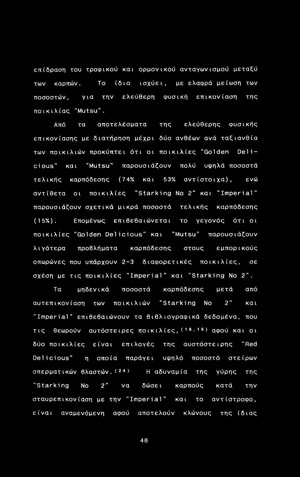 ποσοστά τελικής καρπόδεσης (74% και 53% αντίστοιχα), ενώ αντίθετα οι ποικιλίες "Starking No 2" και "Imperial" παρουσιάζουν σχετικά μικρά ποσοστά τελικής καρπόδεσης (15%).