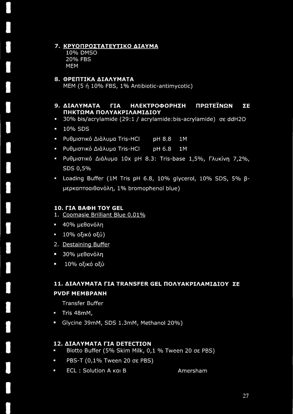 8 1Μ Ρυθμιστικό Διάλυμα Tris-HCI ph 6.8 1M Ρυθμιστικό Διάλυμα 10x ph 8.3: Tris-base 1,5%, Γλυκίνη 7,2%, SDS 0,5% Loading Buffer (1M Tris ph 6.