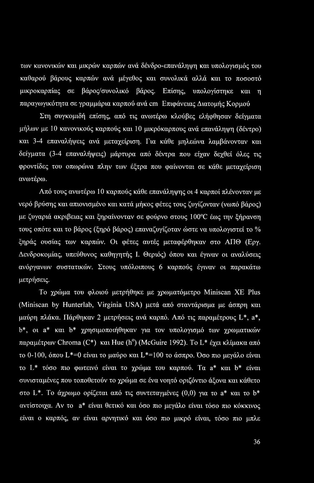 μικρόκαρπους ανά επανάληψη (δέντρο) και 3-4 επαναλήψεις ανά μεταχείριση.