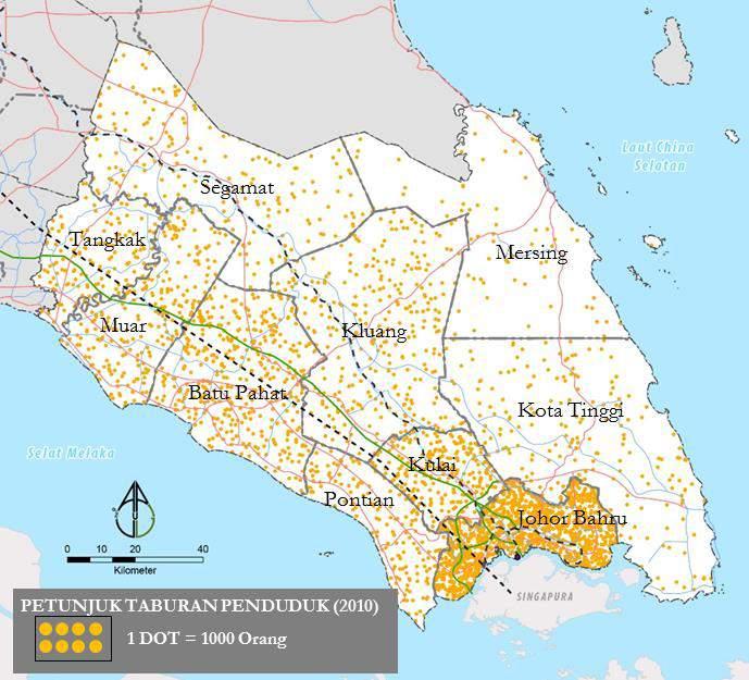 Jadual 2-1 : Unjuran penduduk dan pekerjaan, Negeri Johor, 2015 dan 2020 Rajah 2-4 menunjukkan taburan penduduk pada tahun 2010 dengan memberi gambaran daerah Johor Bahru sebagai daerah yang