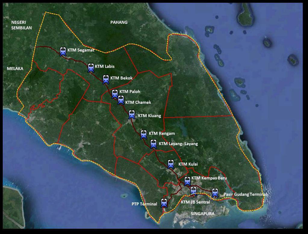 Rajah 2-14 menunjukkan jaringan pengangkutan rel sedia ada di Negeri Johor iaitu sepanjang 255 km.