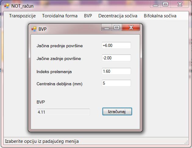 Слика 7.4.1. Пример рачунања BVP-a помоћу NOT_račun програма. 7.5.,,NOT_račun Област Decentracija sočiva Децентрације сочива објашњене су детаљно у поглављу 4.2.