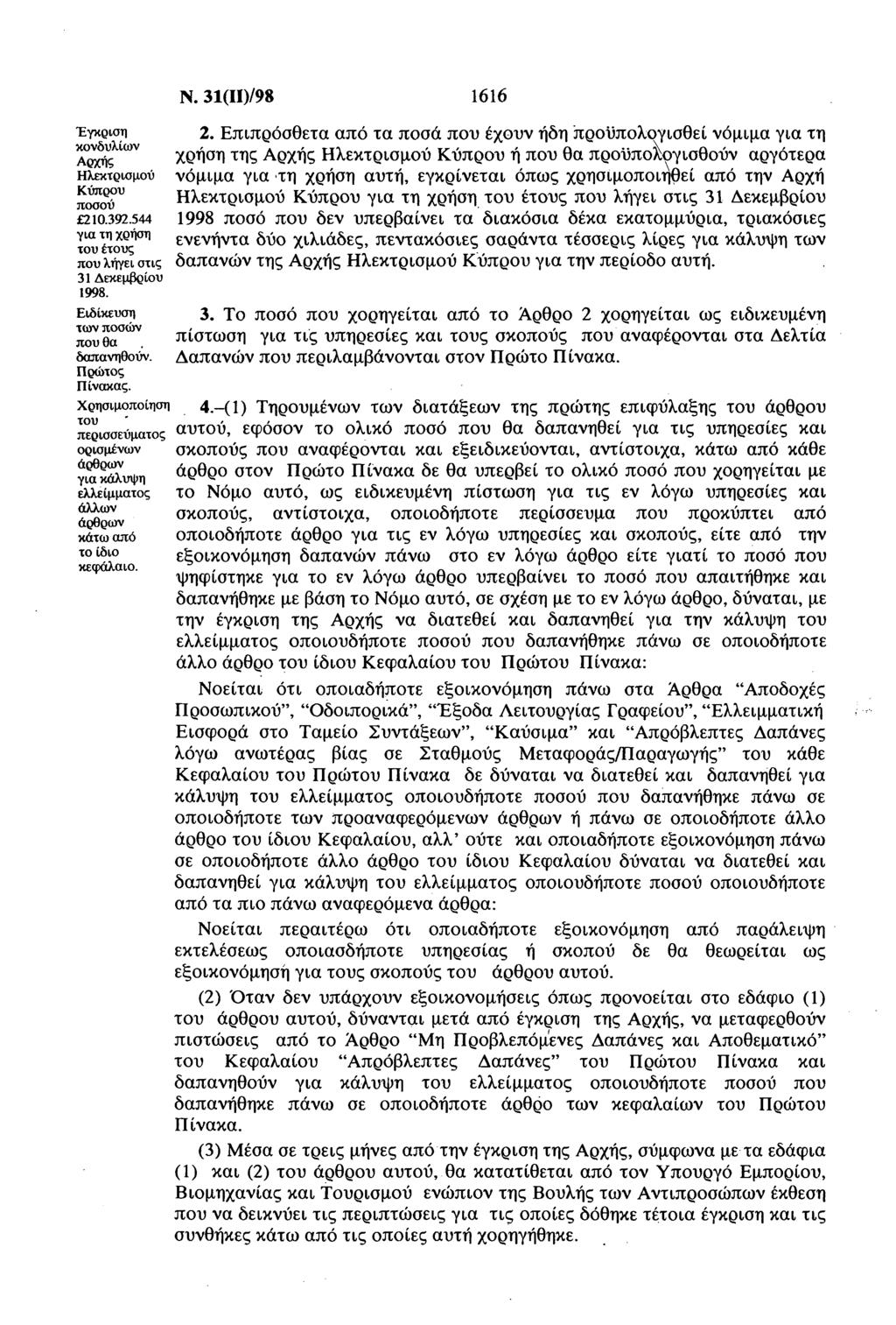 Έγκριη κνδυλίν Αρής Ηλεκτριμύ Κύπρυ πύ 210.92.544 γι τη ρήη τυ έτυς πυ λήγει τις 1 Δεκεμβρίυ 1998. Ειδίκευη τν πών πυ θ δπνηθύν. Πρώτς Πίνκς.