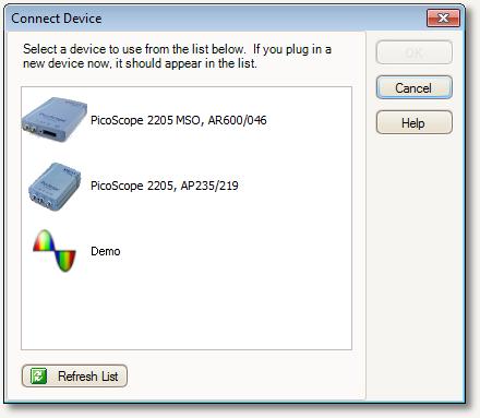 Ghidul utilizatorului pentru PicoS cope 6 6.8 107 Caseta de dialog Conectarea dispozitivului Locaţie: Fişier > Conectarea dispozitivului sau conectaţi un nou dispozitiv.