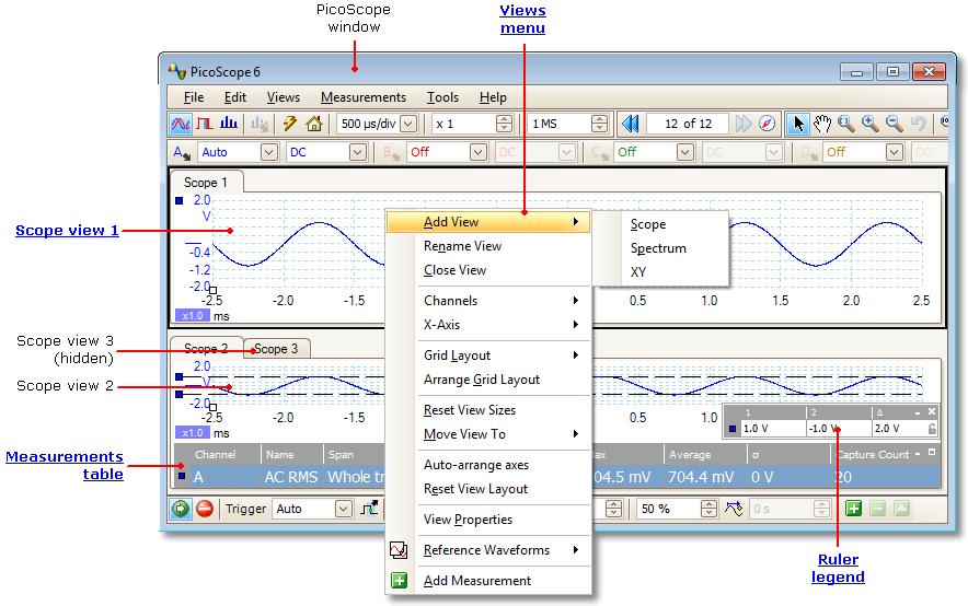 Ghidul utilizatorului pentru PicoS cope 6 5.4 11 Fereastra PicoScope Fereastra PicoScope prezintă un bloc de date captate de la dispozitiv.