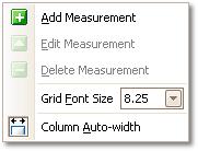 48 6.4 Meniuri Meniul Măsurători Locaţie: Bara de meniu > Măsurători Scop: controlează Tabelul de măsurători Adaugă măsurare.