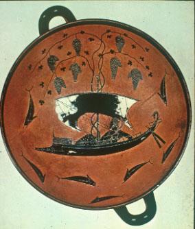 , με το θεό του κρασιού, το Διόνυσο, μέσα σε πλοίο με δυο κουπιά και πανιά (Μουσείο Μονάχου) Οι αρχαίοι Έλληνες ζωγράφιζαν πολλές φορές πλοία