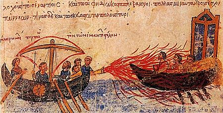 ΝΑΥΤΙΚΗ ΙΣΤΟΡΙΑ ΕΛΛΗΝΙΚΟΥ ΕΘΝΟΥΣ, Α. ΚΡΑΣΑΝΑΚΗ 56 Πυρπόληση εχθρικού καραβιού με υγρό πυρ, από χειρόγραφο του 12ου αιώνα με το χρονικό του Ιωάννη Σκυλίτζη.