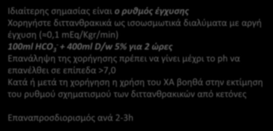 Ιδιαίτερης σημασίας είναι ο ρυθμός έγχυσης Χορηγήστε διττανθρακικά ως ισοωσμωτικά διαλύματα με αργή έγχυση Οι οδηγίες ( 0,1 για meq/kgr/min) τη χρήση