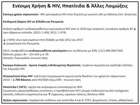 Θνησιμότητα λόγω HIV: καλύτερα τεκμηριωμένη έμμεση αιτία θανάτου των χρηστών ναρκωτικών. 2010: 1.700 θάνατοι από HIV/AIDS λόγω ΕΧΝ - πτωτική τάση.