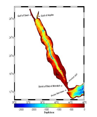 Εικόνα 1.1: Χάρτης της Ερυθράς Θάλασσας με βαθυμετρία (Smith & Sandwell, 1977).