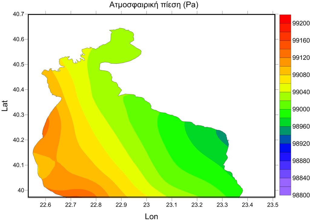 Σχήμα 8.10 Οριζόντια κατανομή του ανέμου (m/sec) πάνω από την περιοχή του Θερμαϊκού Κόλπου σε μια δεδομένη χρονική στιγμή. Στο σχήμα 8.