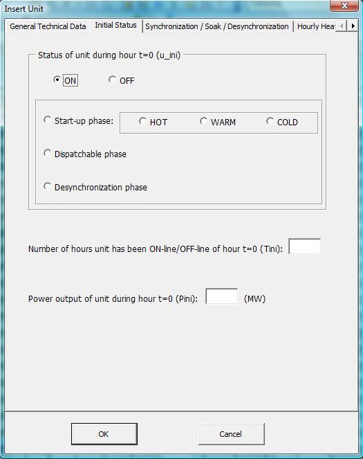 Η καρτέλα «Initial Status» φαίνεται παρακάτω: Τα πεδία που πρέπει να συµπληρωθούν σε αυτή την καρτέλα είναι τα ακόλουθα: Status of unit during hour t=0: Αρχική κατάσταση της µονάδας.