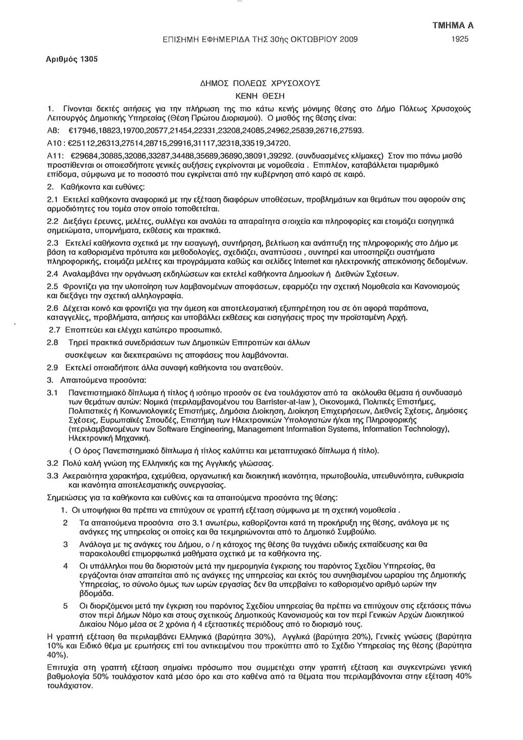 ΕΠΙΣΗΜΗ ΕΦΗΜΕΡΙΔΑ ΤΗΣ 30ής ΟΚΤΩΒΡΙΟΥ 2009 ΤΜΗΜΑ Α 1925 Αριθμός 1305 ΔΗΜΟΣ ΠΟΛΕΩΣ ΧΡΥΣΟΧΟΥΣ ΚΕΝΗ ΘΕΣΗ 1.