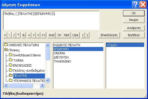 Από τους Πίνακες > ΠΕΛΑΤΗΣ > διπλό κλίκ ΕΠΩΝΥΜΟ > ΟΚ. Κλείνετε τη Δόμηση εκφράσεων. 2.