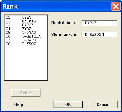 (α) Στο πλαίσιο Rank data in: επιλέγουμε C3 ΒΑΡΟΣ από τον αριστερό κατάλογο. (β) Στο πλαίσιο Store ranks in: πληκτρολογούμε Κ-ΒΑΡΟΣ. 3. Πατάμε ΟΚ. Η οθόνη μας είναι όπως παρακάτω. 5.