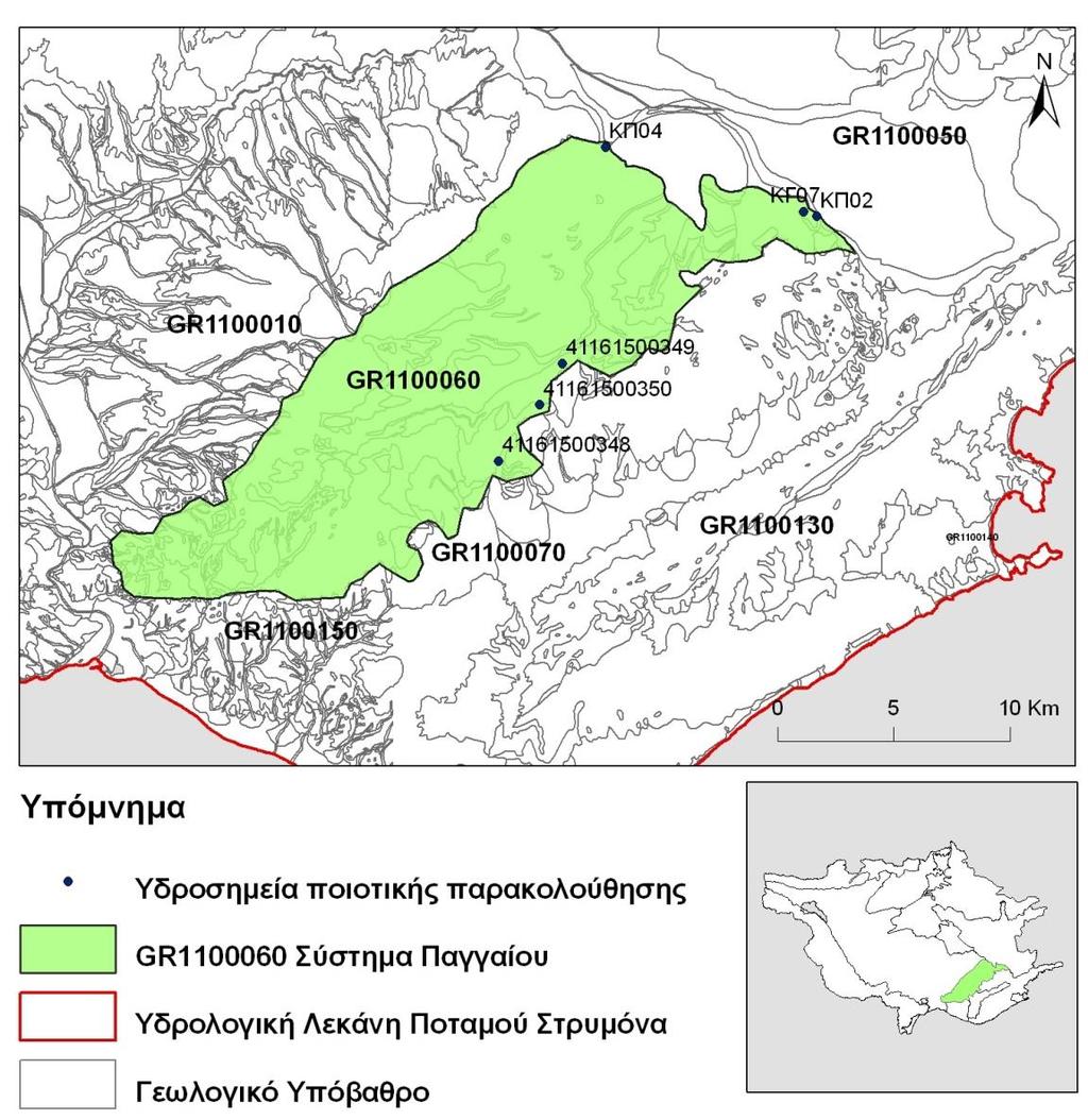 Σχήμα 4.6.1. Απεικόνιση των ποιοτικών σημείων παρακολούθησης ΥΥΣ Παγγαίου (GR1100060) επί του ψηφιοποιημένου γεωλογικού υποβάθρου (ΥΠΑΝ., 2008).