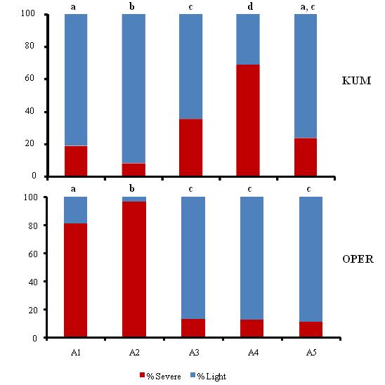 Α5). Τα διαφορετικά γράμματα (a, b, c) υποδεικνύουν στατιστικά σημαντικές διαφορές μεταξύ των δειγμάτων στη συχνότητα της κάθε παραμόρφωσης ξεχωριστά (G-test, p<0.