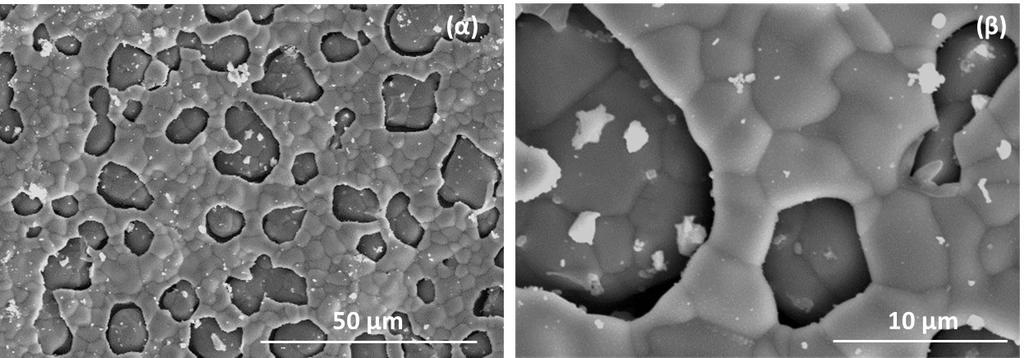 Κεφάλαιο 5 Αντιδραστήρας Διπλού Θαλάμου Σχήμα 5.24. Εικόνες SEM της επιφάνειας του κεραμομεταλλικού υλικού Ni - BZCY72 (α) και (β) της χρησιμοποιημένης κυψέλης. Σχήμα 5.25.